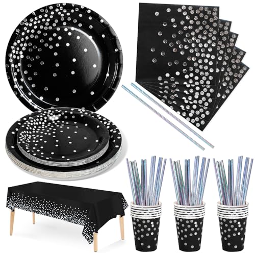 Nkaiso Party Tableware 126 Piece Black and Silver Paper Tableware Set Includes Birthday Paper Plates Napkins Cups Straws for Wedding Shower Engagement Wedding Birthday-25 Guests