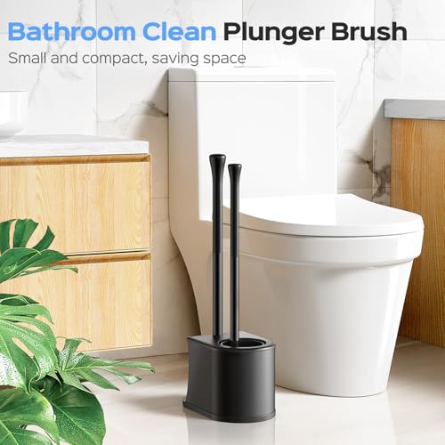 Image of HAMITOR Toilet Plunger and Brush Set: 2 in 1 Stainless Steel Combo with Curved Bristles - Heavy Duty Toilet Unclogging for Family Bathroom - Compact Hideaway Apartment Cleaning Accessories - Black
