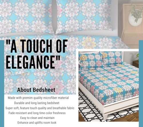 Image of HOMEKART Floral 180 Tc Ultra Super Soft Cotton Feel Microfiber Double Bedsheet with Two Pillow Covers for Your Bedroom (90x88 Inches, Aqua)