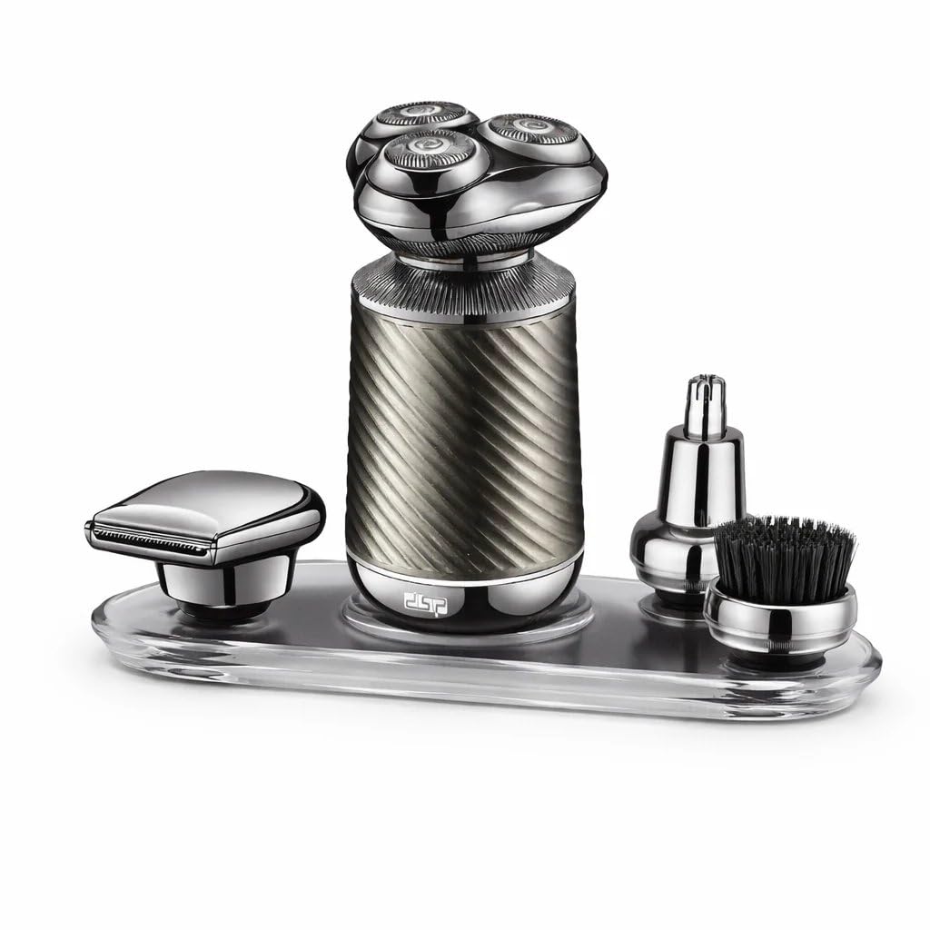 DISCORAMA - RASOIO ELETTRICO MULTIFUNZIONE 4 IN 1 IMPERMEABILE IPX7 REGOLABARBA RIFINITORE NASO E ORECCHIE SPAZZOLA PULIZIA VISO CON BASE IN ACRILICO E RICARICA USB