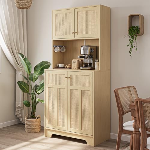WTINAPIG 70.8 Inch Tall Rattan Kitchen Pantry Cabinet with Countertop