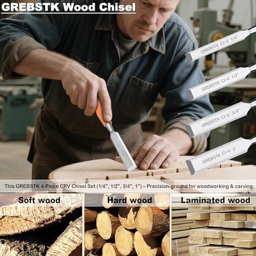 Image of GREBSTK 4-Piece Ultra-Sharp Wood Chisel Set, CR-V Steel Beveled Blades with Guards, Comfortable & Durable Handle, for Carving, DIY & Woodworking (1 /4 inch, 1 /2 inch, 3 /4 inch, 1 inch)