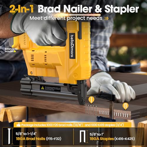 18GA Cordless Brad Nailer & Staple Gun - Compatible with Dewalt 20V Battery - 2-in-1 Brushless Nail Gun with 1000 Nails & Staples - Professional Home Improvement Tool(No Battery) by bellaDimora - Image 3