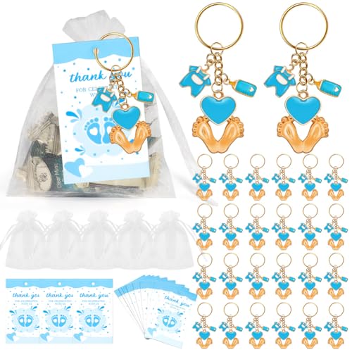 Glorlliant 20 juegos de llaveros con marcas de pie, baby shower para niños, fiesta de baby shower, regalos de agradecimiento con llaveros, etiquetas de agradecimiento y bolsas de gasa para invitados,