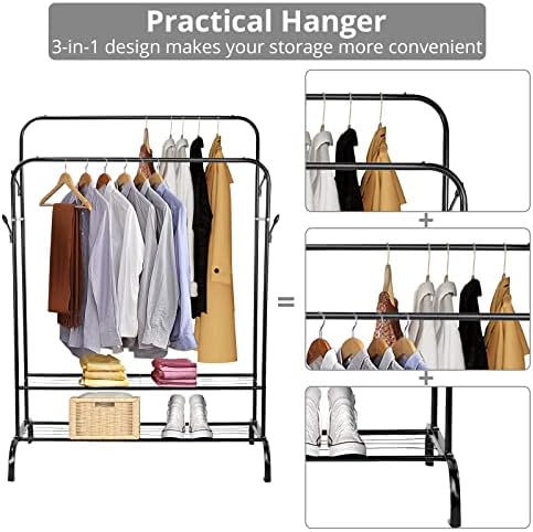 Tanice Double Clothes Rail, Heavy Duty Clothes Rail for Hanging Clothes, Free Standing Clothes Rail with 2-Tier Storage Shelf and 4 Side Hooks - Black