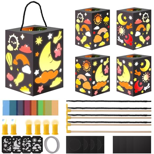 JONRRYIN 4 Stück Laternen Bastelset Kinder, Sankt Martin Laterne Basteln, Sonne Mond Sterne Laternen mit LED und Buntglaseffekt, St. Martin Laternenumzug, Kreatives Geschenk-Set für Jungen Mädchen