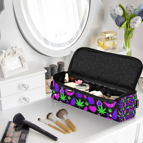 Bolsa organizadora para herramientas de cabello con tapete resistente al calor, impermeable con diseño de hojas y labios neón verde. miniatura 7
