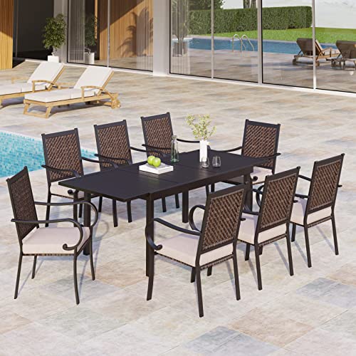 Mixpatio Outdoor Patio Dining Set 9 Pcs, Patio Dining Table Chair Set, 8 Rattan Chairs With Cushions And 1 Metal Rectangular Dining Table (Expandable), For Lawn, Garden, Yards, Poolside #TOP5