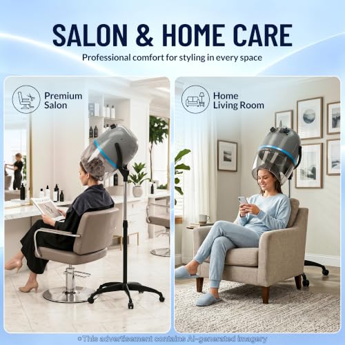 Image of ZENY Professional Stand Up Hair Dryer, 1300W Bonnet Dryer Adjustable Height | Stand Up, Rolling Wheels, Adjustable Time and Temperature Setting, Low Noise
