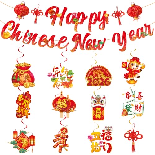Chinese New Year Decorations 2026,Home Lunar Horse Happy New Years Party Hanging Crafts Swirls Bunting Banner Decoration Set Festive Cny Lantern Pendant Dcoration for Gate Wall Window Decor(Red)