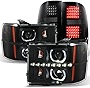 AKKON - For 2007-2014 GAZE GMC Sierra Black Halo Projector Head Lights Pair + Black Smoked LED Tail Lights Set