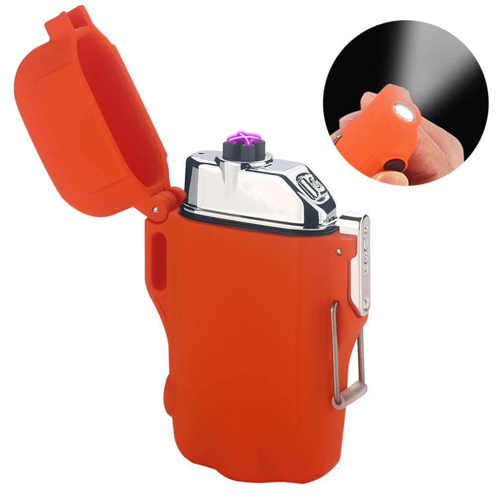 REM FACIO Waterproof Lighter, Dual Arc Electric Lighters USB, Outdoor Windproof Lighter ARC Rechargeable Lighter for Camping,Hiking,Outdoor Adventure,Survival Tactical (Camouflage) (Orange)