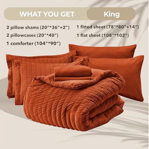 Image of HYMOKEGE Burnt Orange King Size Comforter Set Seersucker 7 Pieces, All Season Luxury Bed in a Bag for Bedroom, Bedding Set with Comforters, Sheets, Pillowcases & Shams