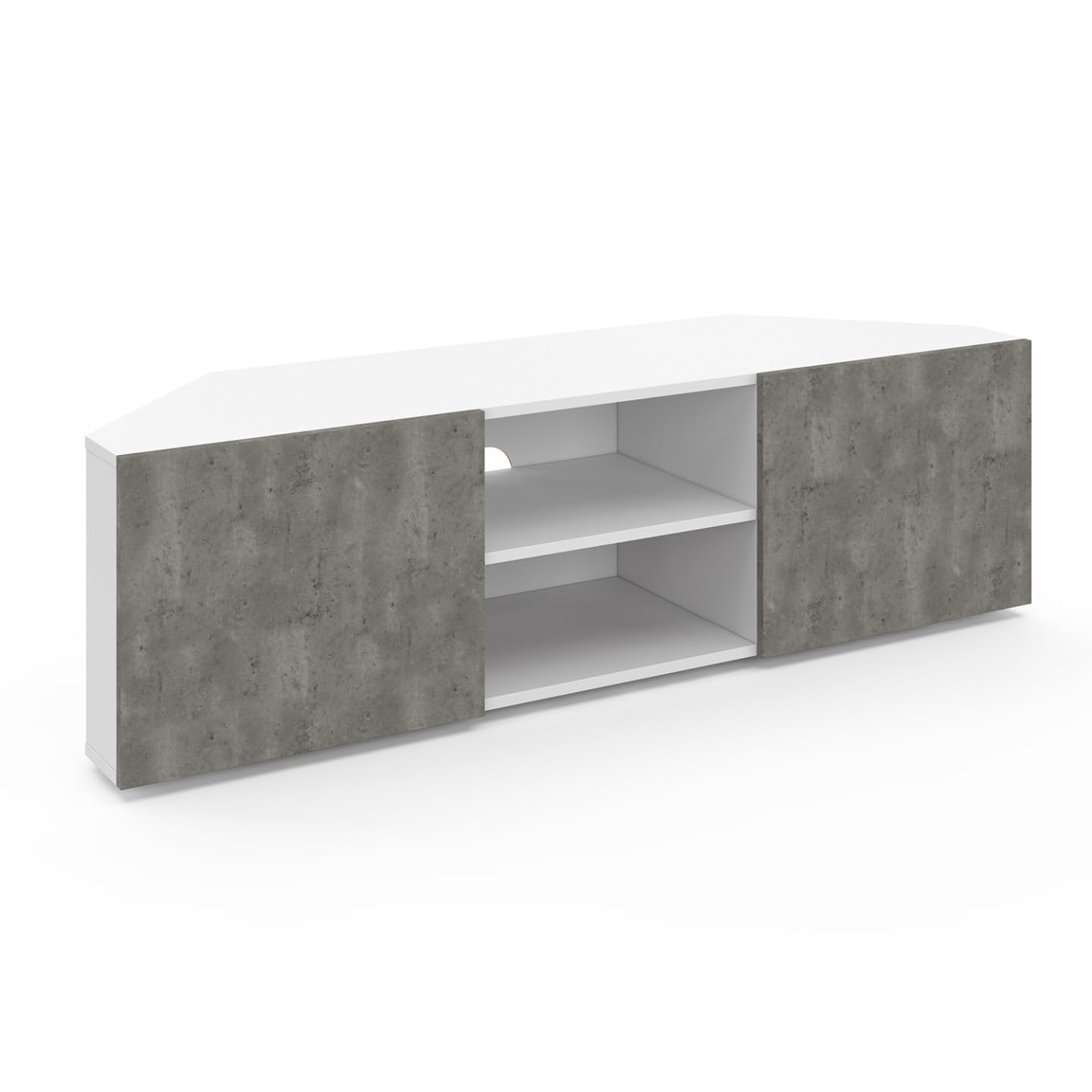 IDMarket - Meuble TV 110 cm d'angle ELI Blanc Portes Effet béton