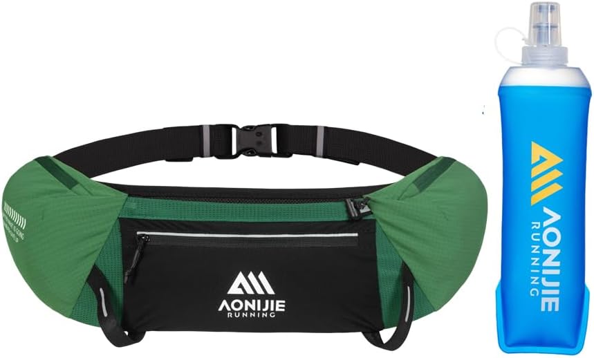 Waist Pack with Zipper Reflective Hydration Running Belt, Adjustable Breathable Fanny Pack for Jogging Fitness (A-Green+500ml Flask)