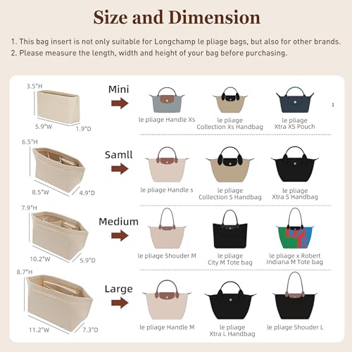 Image of Doxo Purse Organizer Insert for Longchamp Le Pliage XS, Premium Felt Tote Bag Organizer with 7 Compartments and Zippered Pocket (Beige, Mini)