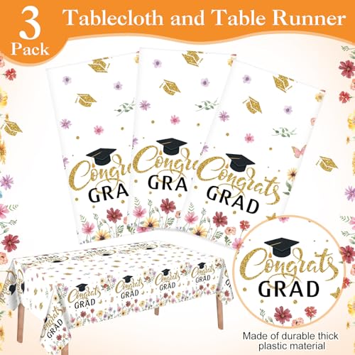 Image of Ganeen 3 Pcs Graduation Tablecloth Floral Class of 2026 Congrats Grad Table Cloths Gold Disposable Plastic Rectangle Table Cover for 2026 Graduation Decorations Grad Party Supplies, 54 x 108 Inch