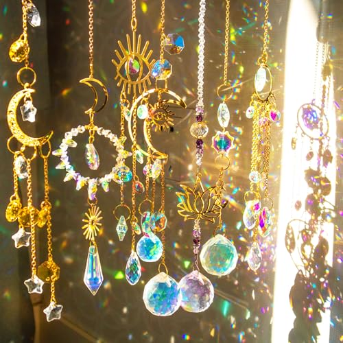 Atrapasoles Cristal,7 Piezas Hojas de la Luna Crystal Suncatcher Ornamento Colgante,Sun Catcher para Ventanas Jardines,Campanas Viento Cristal Atrapasueños para Colgar en Casa, Jardín, Oficina