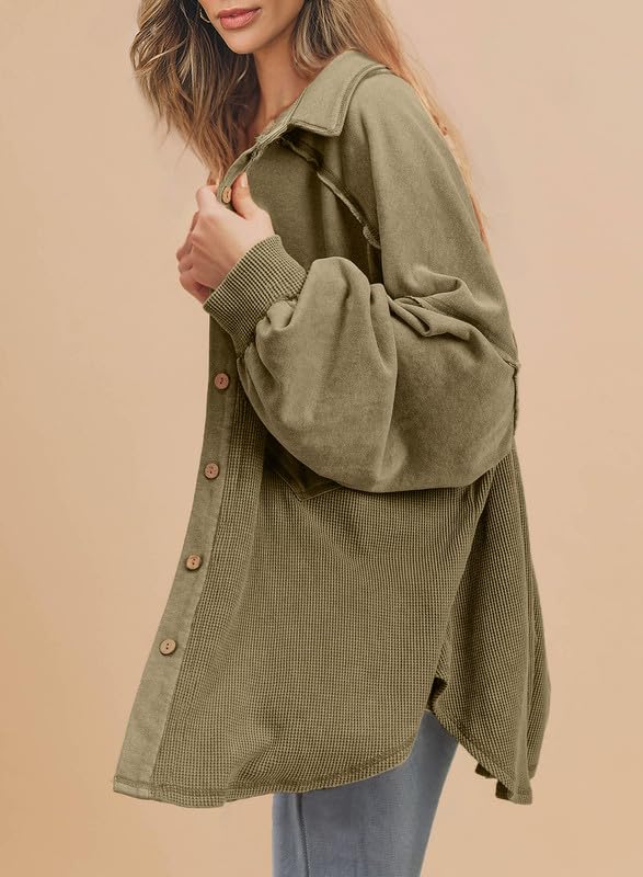 SHEWIN Womens Waffle Knit Shackets Fall Fashion Button Down Shirt Jacket Loose Long Sleeve Tops With Pocket4
