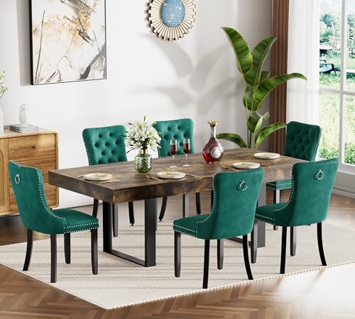 Image of Rustic Brown Dining Room Table Set for 6, 7-Piece 63 inch-78.74 inch Extendable Dining Table Set with 6 Upholstered Chairs, Rectangle Wooden Expanding Kitchen Table and Green Chairs Set