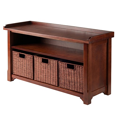 Winsome Wood MilanWood Storage Bench in Antique Walnut Finish with Storage Shelf and 3 Rattan Baskets in Antique Walnut Finish