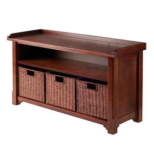 Winsome Wood MilanWood Storage Bench in Antique Walnut Finish with Storage Shelf and 3 Rattan Baskets in Antique Walnut Finish