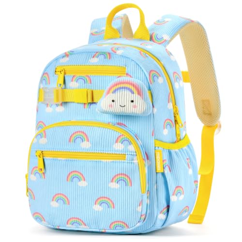 mibasies Kids Backpack for Girls 5-8: Corduroy Bookbag for Kindergarten Elementary School Travel, 15" H- Blue Rainbow