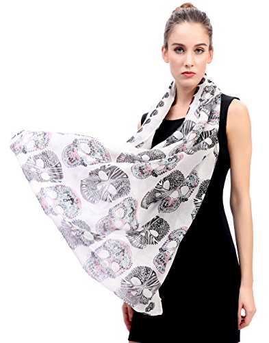 Lina & Lily Sugar Skull Print Women's Infinity Scarf Lightweight (White) - Thumbnail 4