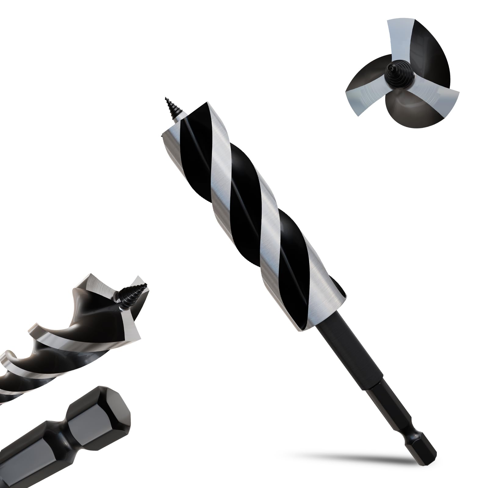 METOTY 22mmx155mm Auger Drill Bit Extra Long Drill Bits，6.35mm Hex Shank for Wood with Quick Change - 3-Cutter Design with Dual-Flute for Fast Chip Removal, Fits Hardwood, Softwood, PVC, Drywall — image 1