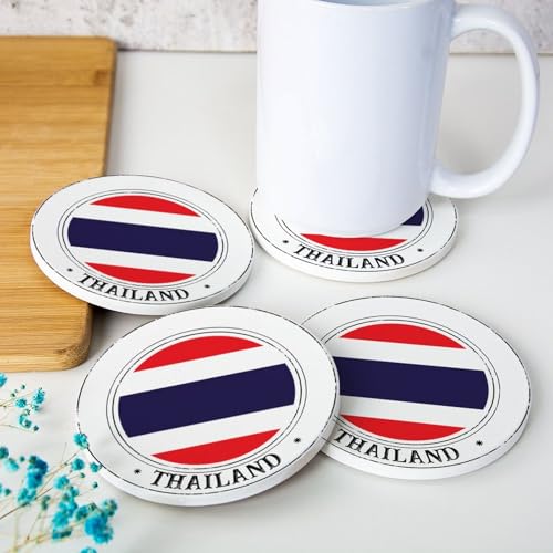 Lot de 4 dessous de verre ronds en céramique avec drapeau de la Thaïlande pour décoration de cuisine, protection de table basse
