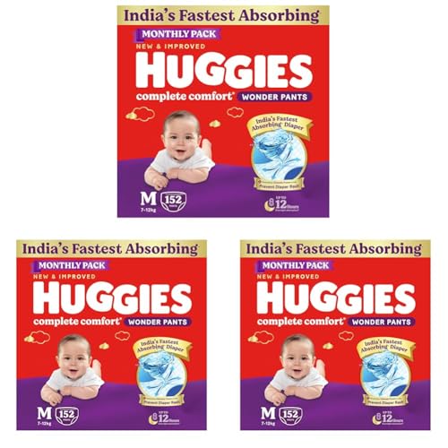 Image of Huggies Complete Comfort Wonder Pants | Pant Style Baby Diapers Medium Size (M), 152 Count | India's Fastest Absorbing Diaper, Prevents Diaper Rash, Ideal for 7 to 12 Kgs (76 Count, Pack of 6)