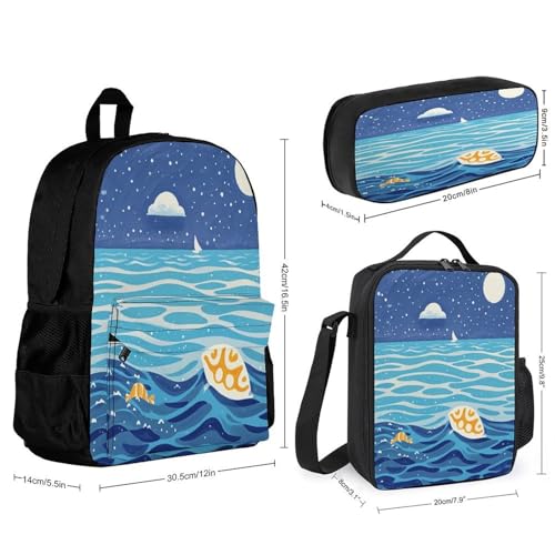 3-in-1 Backpack Combination Set Hand-painted Style Ocean Print 3Pcs Backpack Sets Travel Daypack with Lunch Bag And Cosmetic Bag2