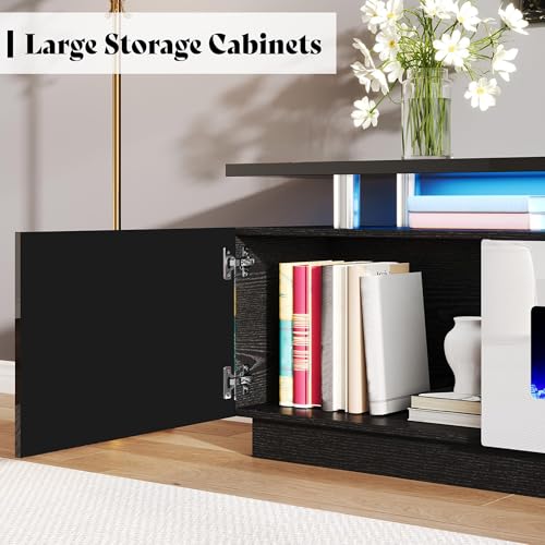 Image of AMERLIFE 90 inch High-Gloss Fireplace TV Stand with 50 inch Electric Fireplace | Black /White LED TV Console, Modern Living Room Entertainment Center, Fits TVs up to 100 inch, 2 Cabinets, 2-Tier Storage Space