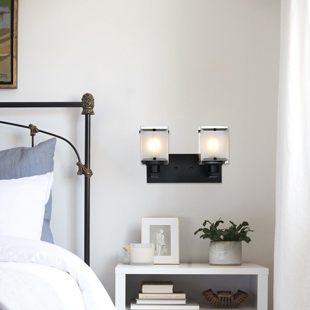 Black Wall Sconce Lighting, 2-Light Bathroom Vanity Light Fixture Wall Mount Lamp Over Mirror for Bedroom Bedside Studty Living Room, Rectangular Frosted Glass Shade