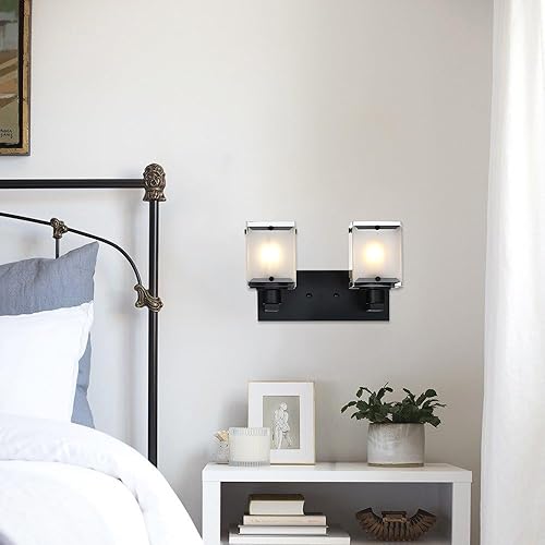 Miniatura 6 de Lámpara de pared negra, 2 luces, lámpara de montaje en pared sobre espejo para dormitorio, mesita de noche, estudio, sala de estar, pantalla