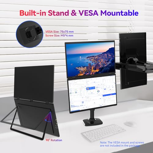 Image of AUSDOM 18.5 inch Stacked Dual Portable Monitor for Laptop, 100Hz 1080P Foldable Screen Extender, 360 Folding Double External Display with Stand & VESA, USB-C, mini-HDMI, Travel Monitor for Win /Mac, Black
