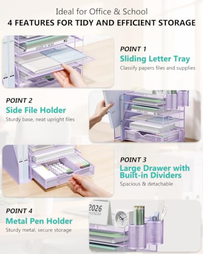 Image of WALI Desk File Organizer, 6 Tier Desktop Paper Letter Tray Organizer with Drawer and 2 Pen Holders, Office Desk Accessories & Workspace Organizers for Office, Home Supplies(DO007DH-V), 1 Pack, Purple