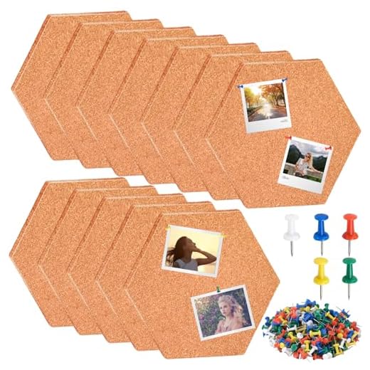 Tablón de anuncios de corcho 12 unidades, tablero de corcho hexagonal, pared de corcho autoadhesiva, tablón de anuncios con 100 chinchetas de colores de plástico se utiliza para colgar fotos y