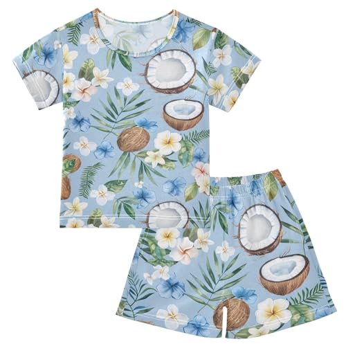 ALAZA Coconut Palm Leaf Blossom Pajamas Short Sleeve 2 Piece Sleepwear Top and Bottom Pajama Set Unisex