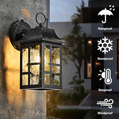 Image of OKELI 2-Pack Dusk to Dawn Exterior Lighting Fixture, Farmhouse Outdoor Wall Lights with Ripple Glass, Aluminum Porch Light Wall Mount, Anti-Rust Outside Wall Sconce for House, Garage(Black&Gold-Trim)