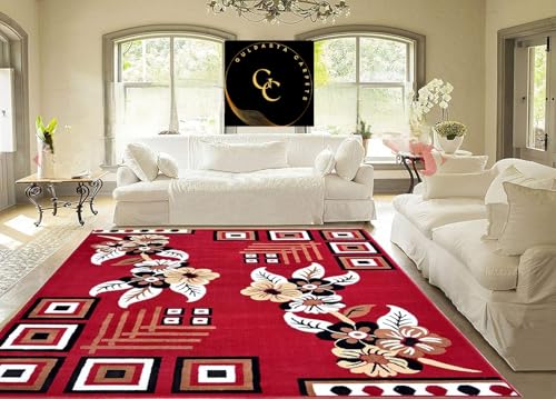 Image of GULDASTA Red Carpet for Living Room 8x11 Feet | Soft Thick Floral Area Rug | Anti Skid Washable Carpet for Bedroom Hall Home Decor