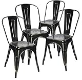 Devoko Metal Indoor-Outdoor Chairs Distressed Style Kitchen Dining Chairs Stackable Side Chairs with Back Set of 4 (Black Gold)