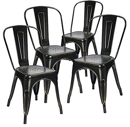 Devoko Metal Indoor-Outdoor Chairs Distressed Style Kitchen Dining Chairs Stackable Side Chairs With Back Set Of 4 (Black Gold) #TOP18