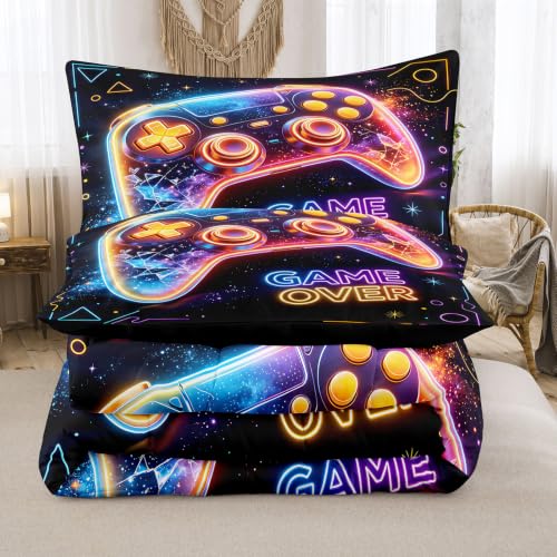 Image of NINENINE Gamer Controller Comforter Sets, Neon Galaxy Gaming Bedding 5PCS Full Size Comforter Sets for Teen Boys Gamers (1Comforter, 1Flat Sheet, 1Fitted Sheet, 2Pillowcases)
