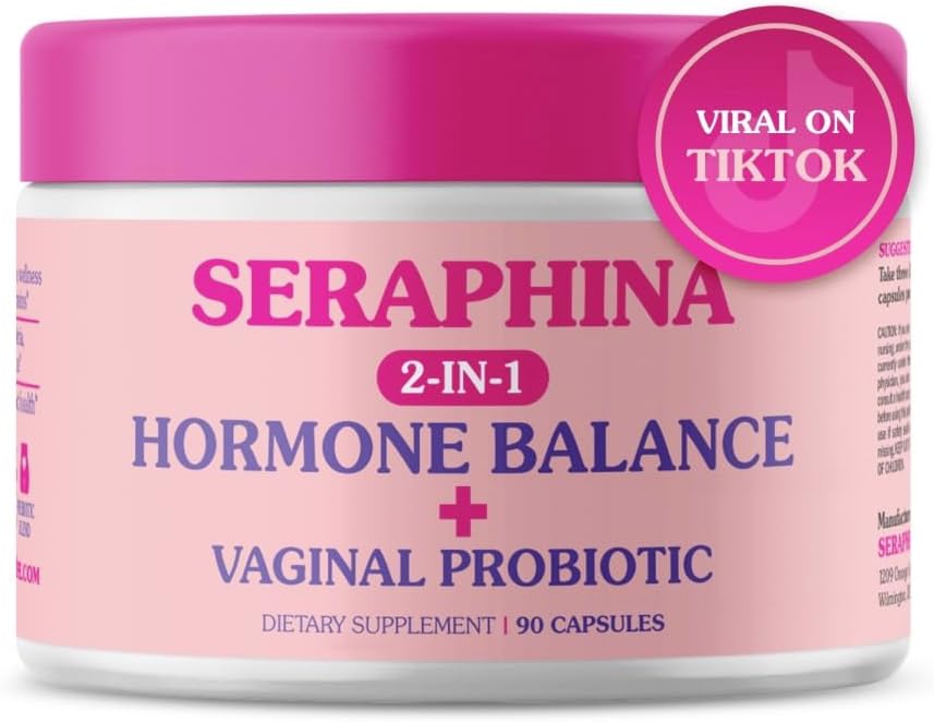 Seraphina Vaginal Probiotics 2-in-1 for Women + Hormone Balance - 90 Capsules Complete Feminine Care, PMS & Urinary Tract Health, Prebiotic Blend, 10 Billion CFU, 6 Strains (90 Count (Pack of 1))