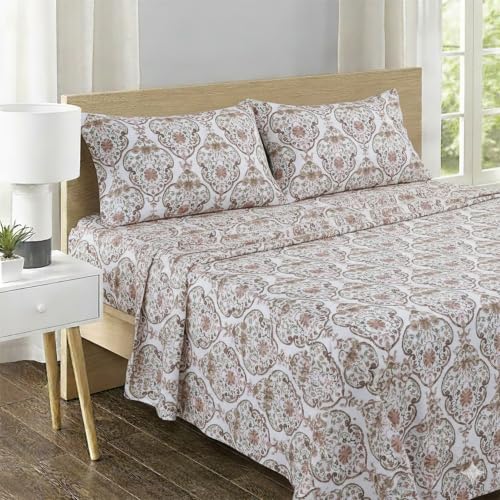 Image of Feather & Stitch Printed 500 TC Twin Size 3pc Damask Bed Sheet Set, 100% Soft Cotton Breathable Bedsheets, 18 inch Deep Pockets Sateen Weave Striped Bedding Mattress Resort Hotel Luxury - Floral Bloom
