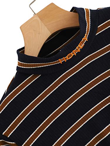 SweatyRocks Women's Mock Neck Embroidered Letter Long Sleeve Striped Crop Top T Shirt Black S