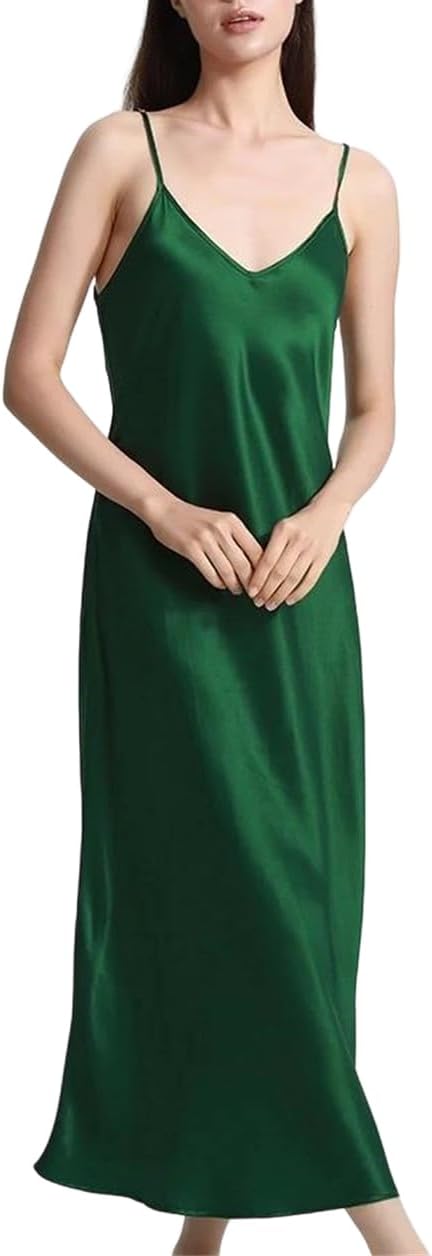 Womens Mulberry Silk Like Nightgown Long Satin Sleep Dress Soft Lightweight Lounge Wear
