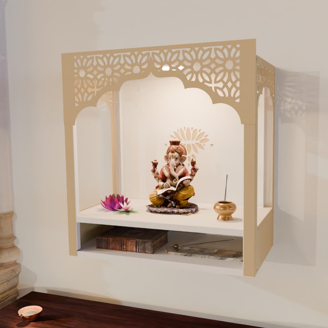 NIVED NANDINI Metal Mandir with Spotlight | Biggest Mandir with Extra Storage 19 x 18 x 10 inch | Dual Colour | Wall Mountable | Easy Screw Assembly | Home Temple | Pooja Stand | Colour: White & Brown