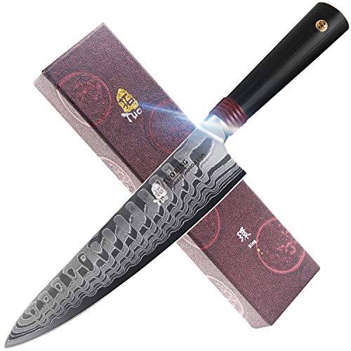 TUO 9.5" Damascus Chef’s Kitchen Knife - Japanese AUS-10 HC Steel - Dishwasher Safe G10 Handle - Full Tang - RING-D